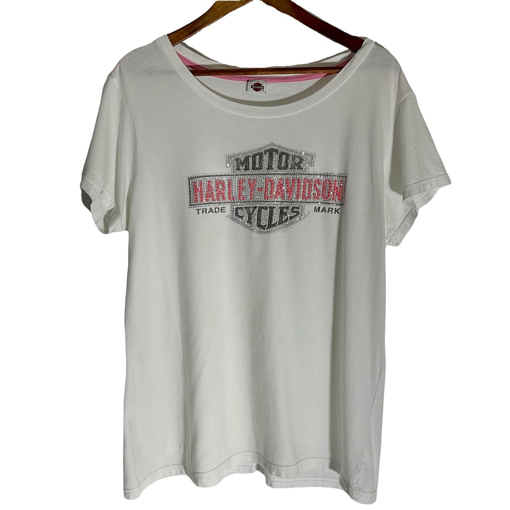Harley Davidson White Short Sleeve T-Shirt Embellished HD Logo/HD Store on Back